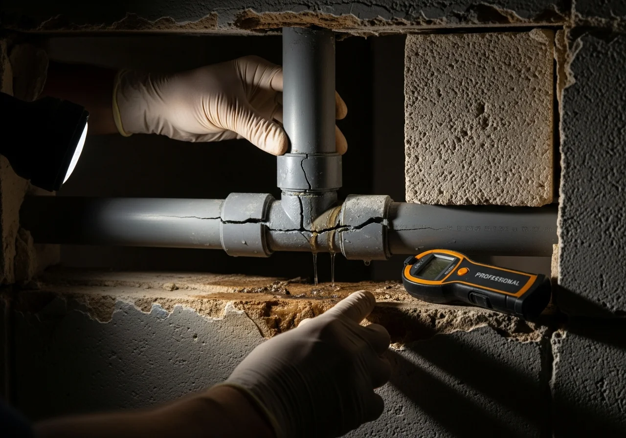 Close-up of cracked polybutylene plumbing pipe behind an opened wall during water damage restoration in a West Palm Beach Florida home showing pipe failure and surrounding water damage