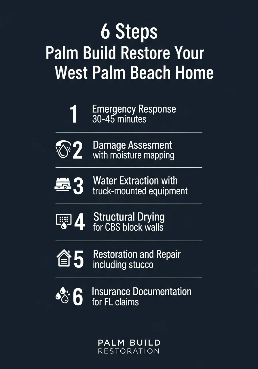 Infographic showing 6 steps Palm Build takes to restore water-damaged West Palm Beach homes including emergency response, extraction, structural drying, and insurance documentation