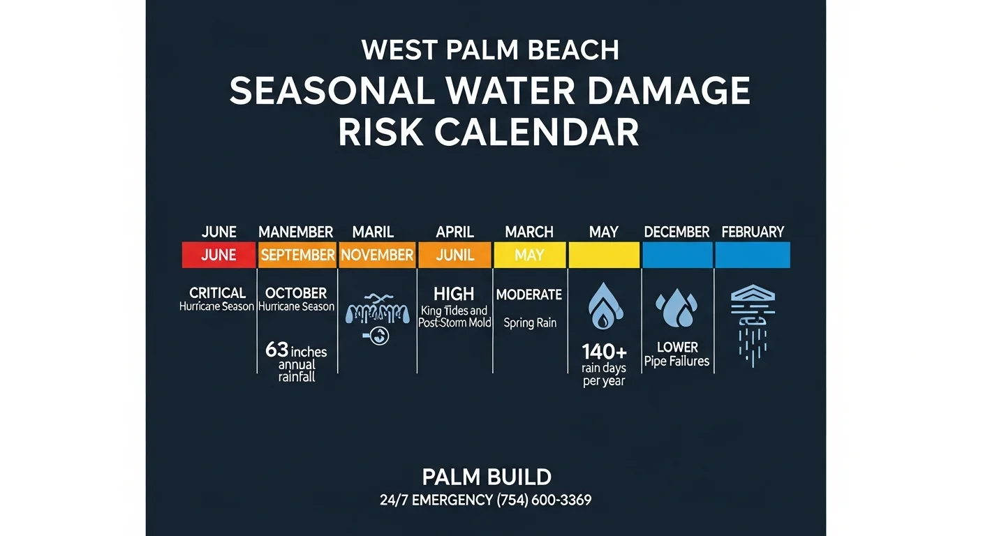Infographic showing West Palm Beach seasonal water damage risk calendar by month with critical hurricane season, King Tide flooding, and year-round risk factors