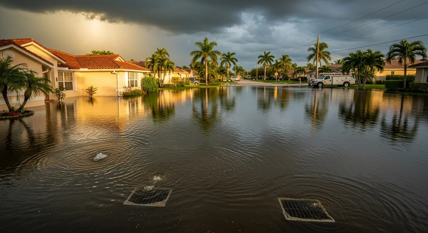 Flooded residential street in West Palm Beach FL during severe storm event with water covering roadway and approaching CBS stucco homes with barrel tile roofs