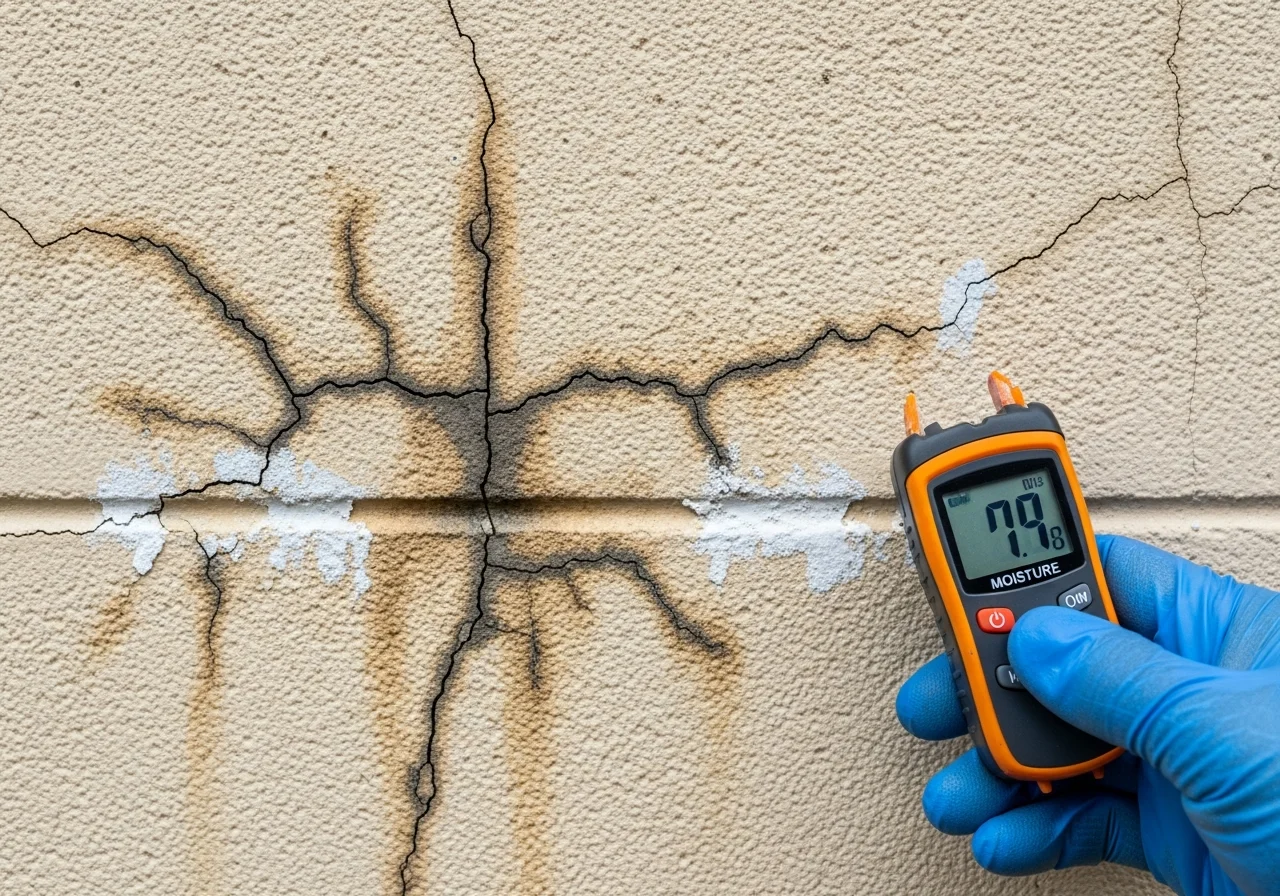 CBS stucco wall damage detail in West Palm Beach showing the type of construction challenges faced during fire and smoke restoration