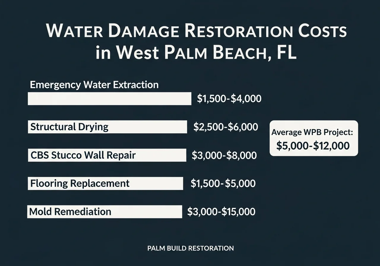 Infographic showing water damage restoration costs in West Palm Beach FL including emergency extraction, structural drying, CBS stucco repair, and mold remediation price ranges