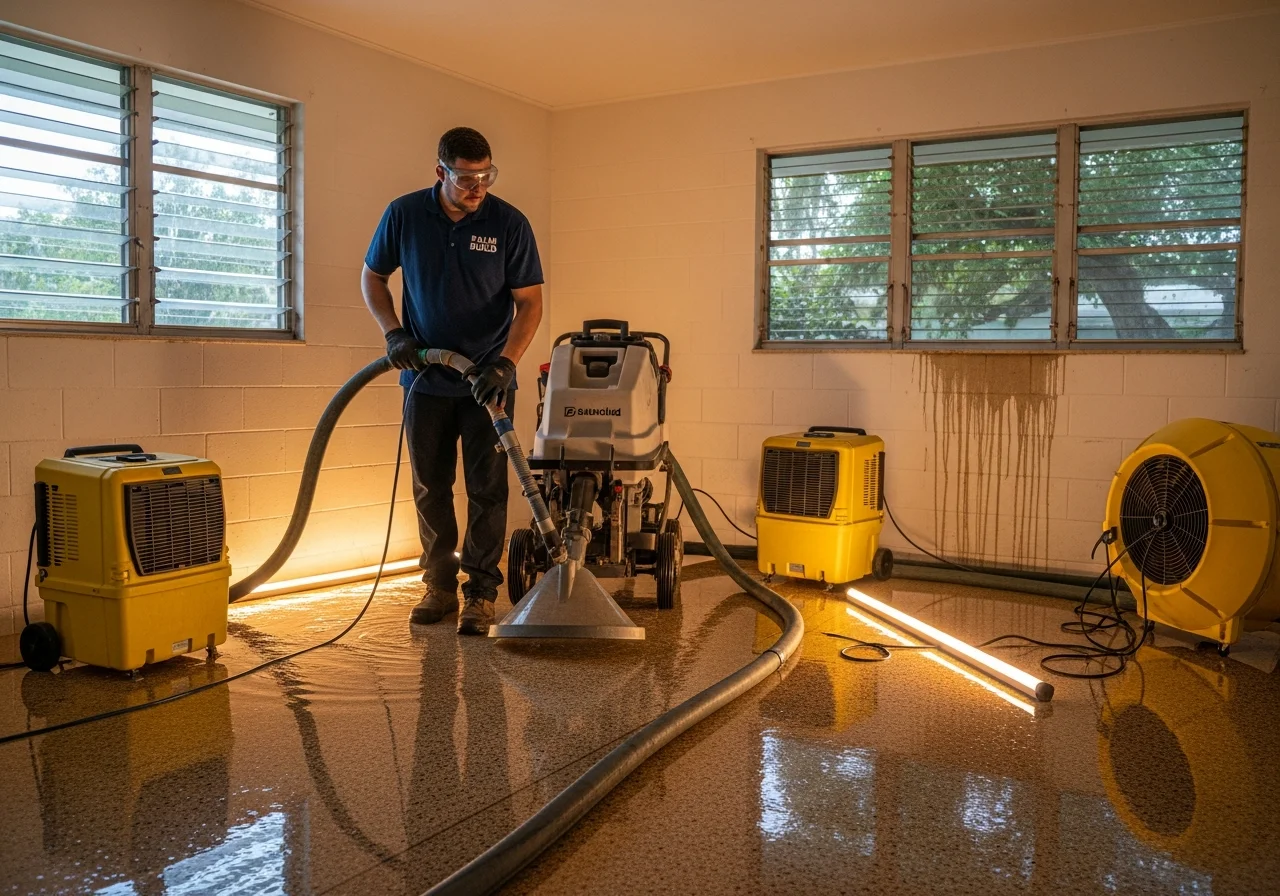 Palm Build crew performing emergency water extraction in a West Palm Beach Florida property