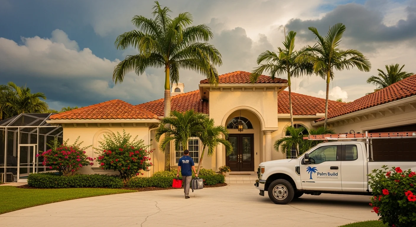 Palm Build restoration truck parked at a Mediterranean Revival CBS stucco home in West Palm Beach, Florida with barrel tile roof, royal palm trees, and tropical landscaping after storm activity