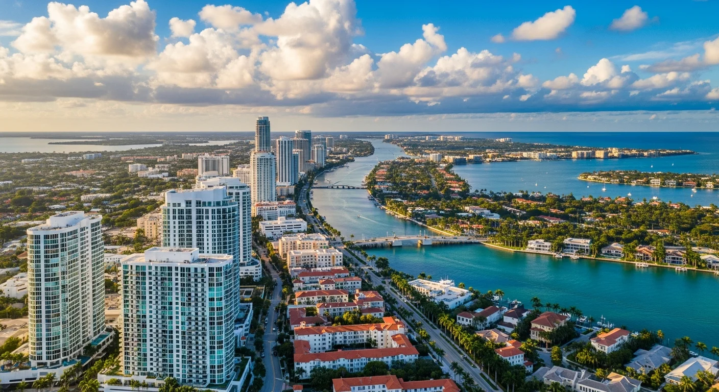 Aerial view of West Palm Beach Florida skyline showing downtown condos and residential communities served by Palm Build