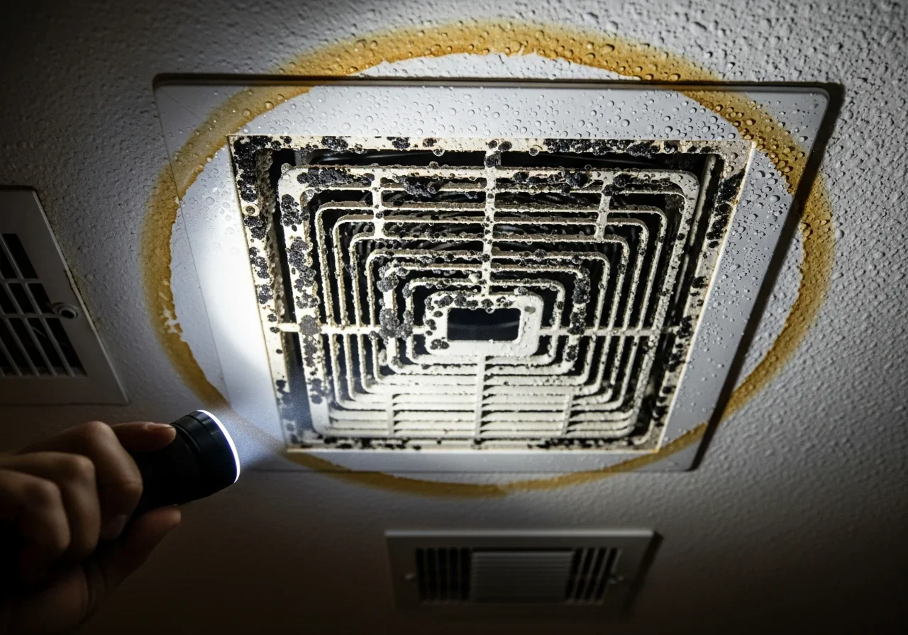 Mold growth around AC supply vent register in ceiling of Weston FL home from HVAC condensation