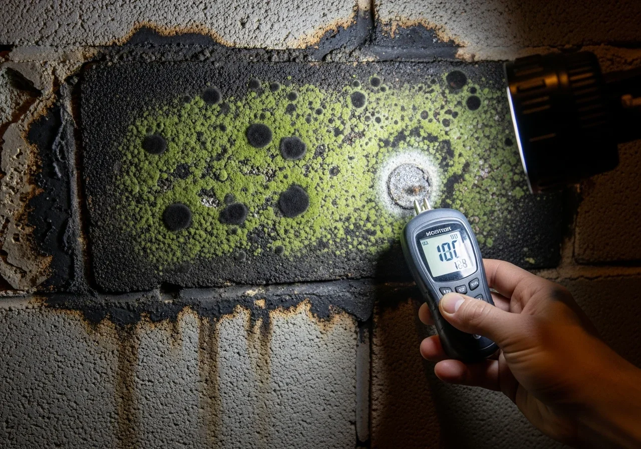 Black and green mold on CBS concrete block wall behind removed drywall in a Weston FL home from stucco moisture intrusion