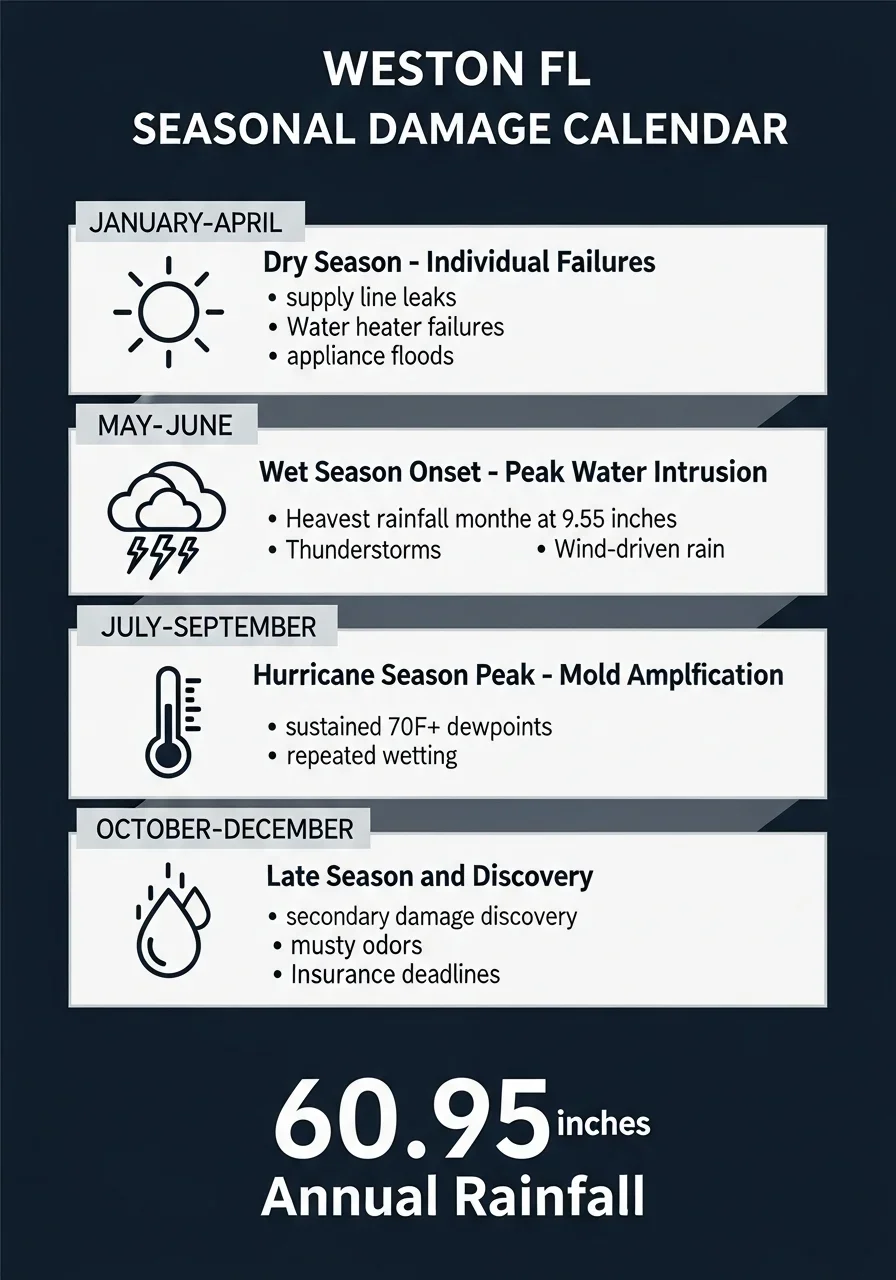 Seasonal storm damage calendar showing hurricane risk timeline for Weston FL homeowners in Broward County South Florida