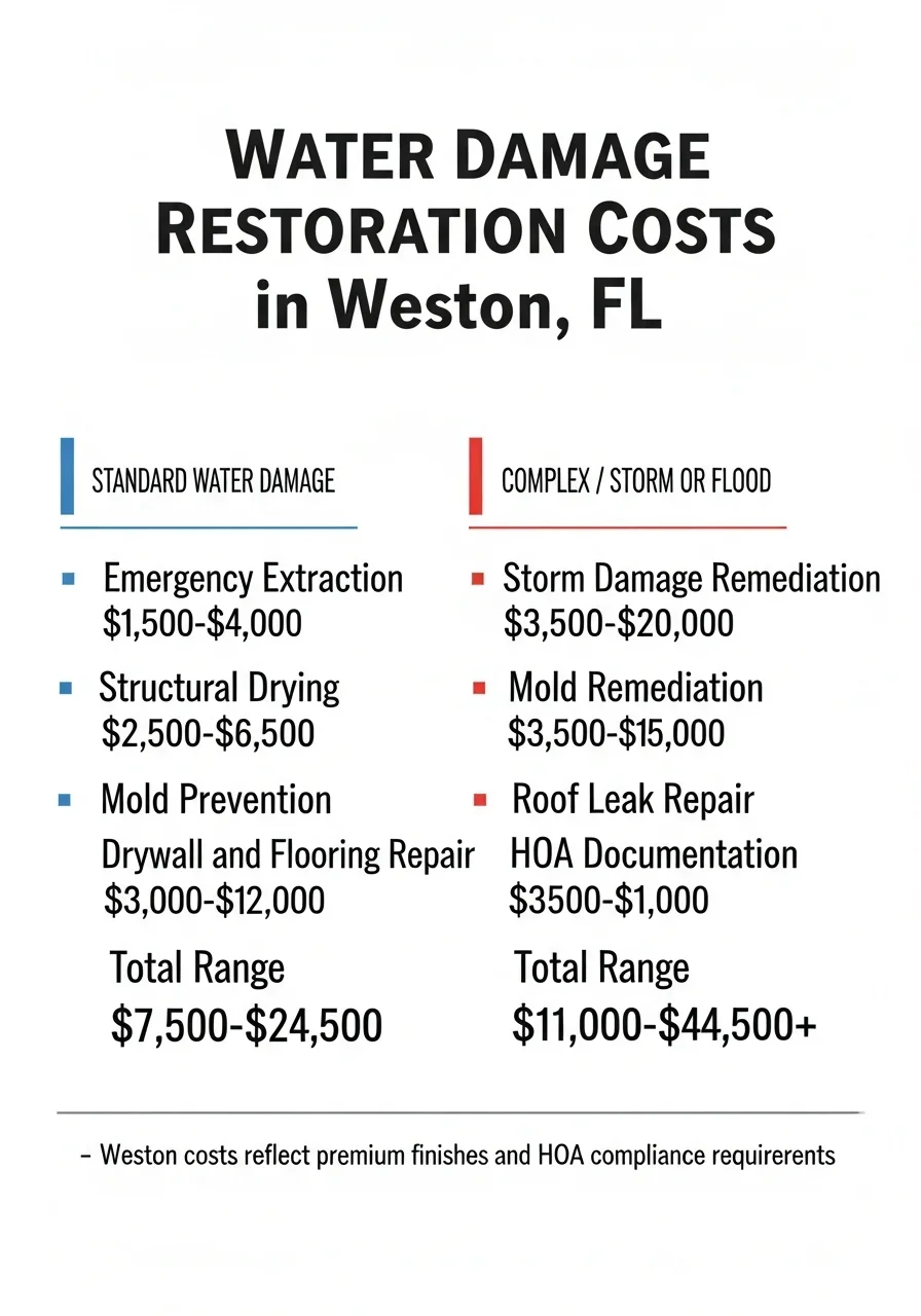 Water damage cost documentation showing extent of hidden moisture in a Weston FL home requiring insurance claim