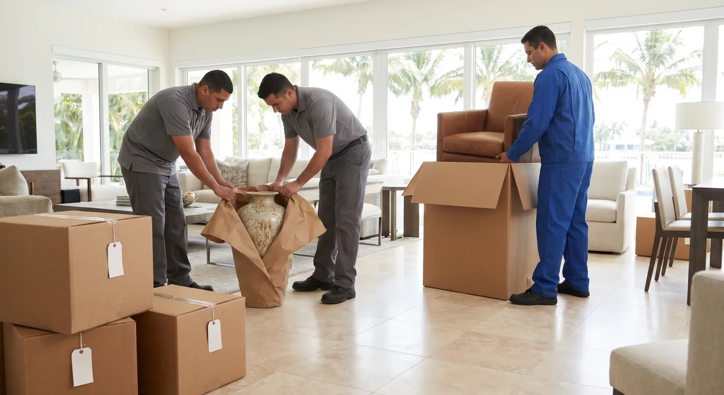Palm Build contents restoration technicians carefully inventorying and packing high-value upscale furnishings during a professional pack-out at a Weston FL gated community home