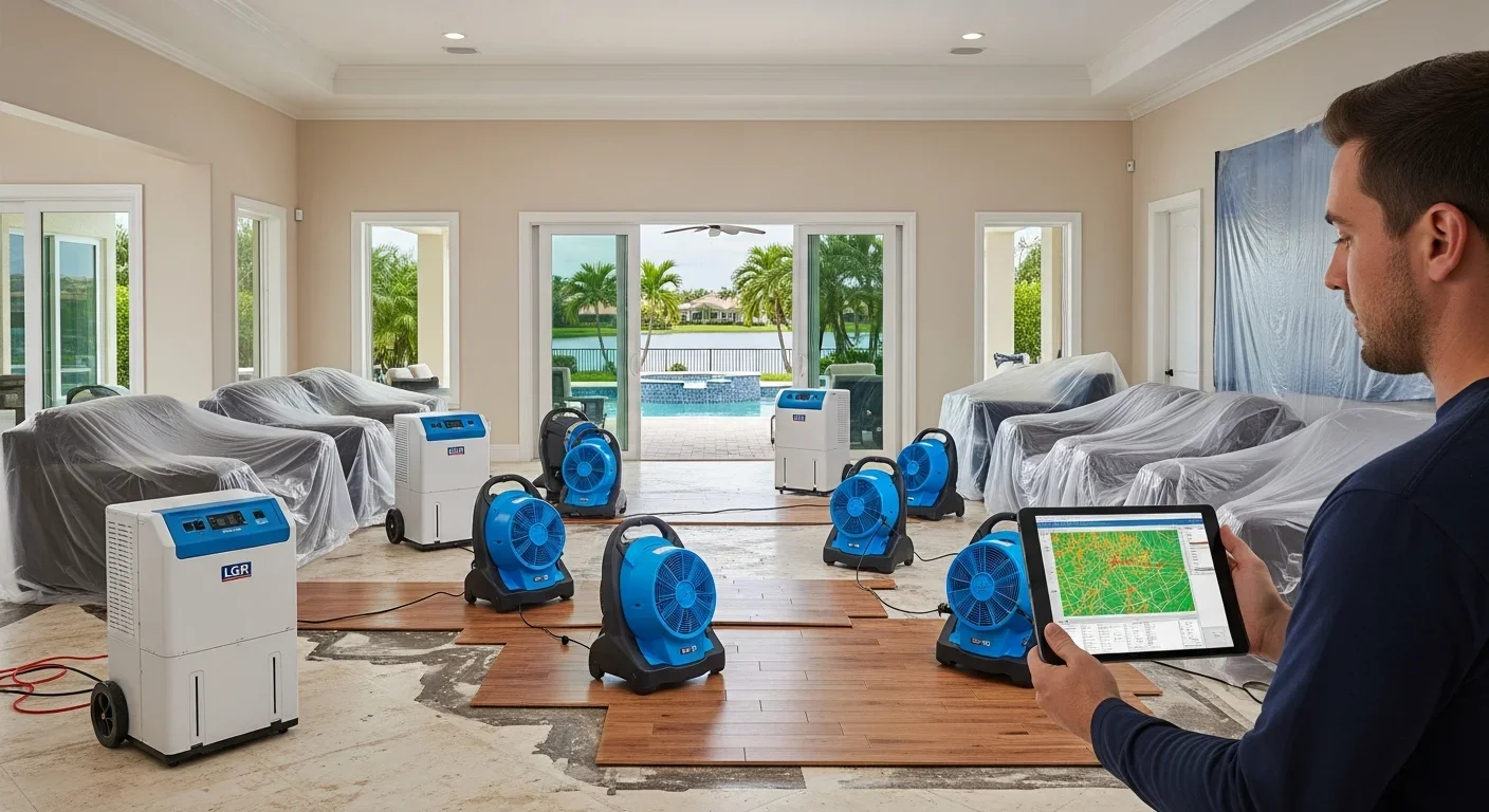 Industrial drying equipment deployed across multiple rooms in a Weston FL large loss restoration project
