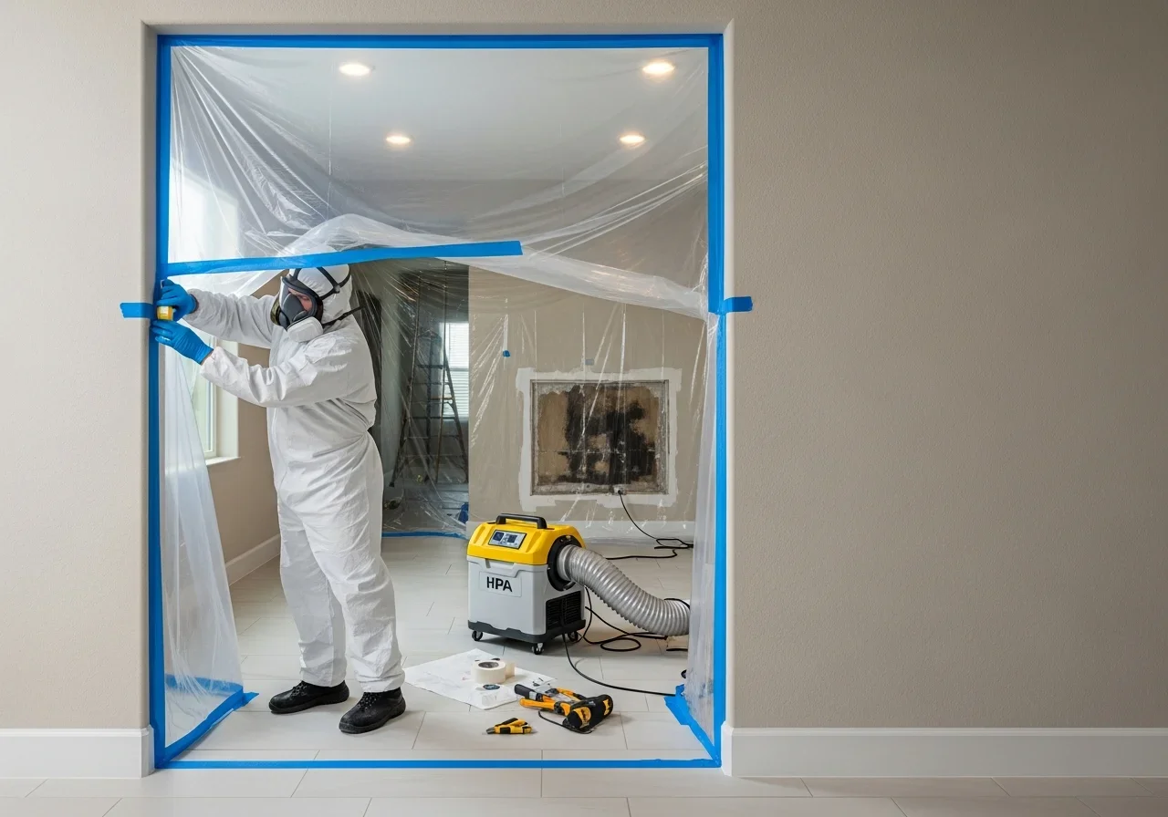 Palm Build technician in Tyvek suit installing mold containment with plastic sheeting and HEPA air scrubber in a Weston FL home