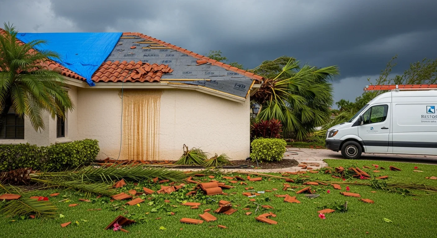 Storm damage on a Mediterranean-style Weston FL home with fallen palm tree on tile roof and restoration van arriving