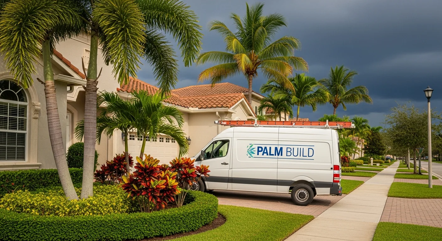 Palm Build restoration truck parked at an upscale Mediterranean-style stucco home in Weston, Florida with palm trees and storm clouds approaching