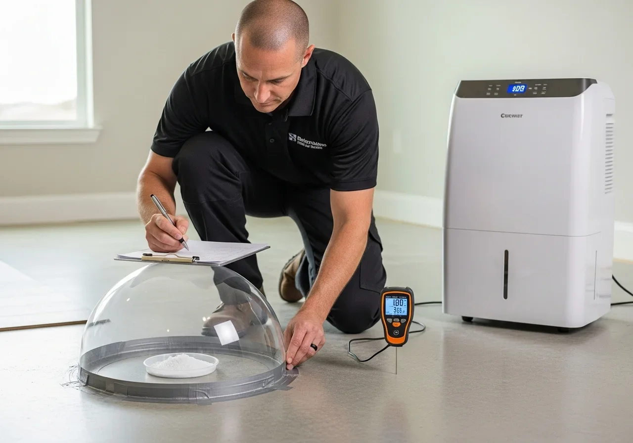 Slab moisture testing with calcium chloride test kit on concrete floor in a Weston FL home during mold assessment