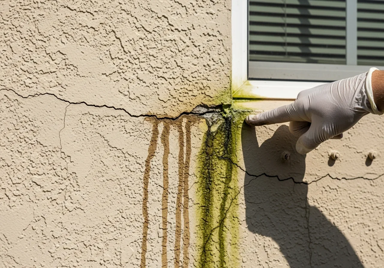 Freshwater intrusion at a hairline stucco crack on a Weston FL home exterior showing water staining and moisture damage requiring immediate assessment
