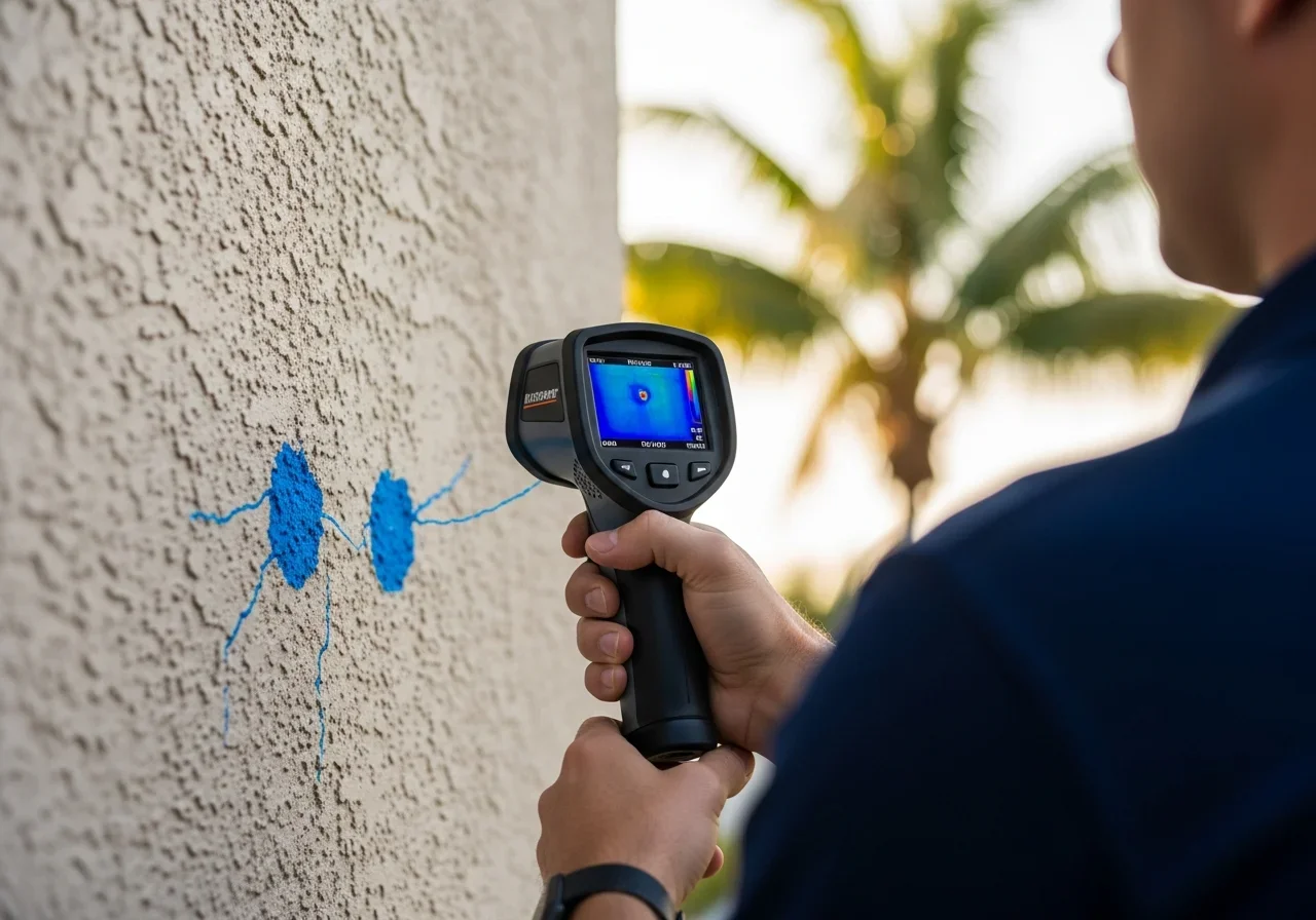 FLIR thermal imaging camera detecting hidden moisture behind CBS block walls and stucco at a Weston FL property