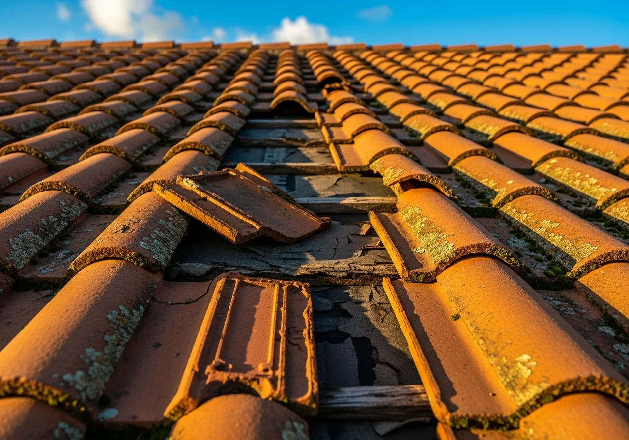 Aging terra cotta tile roof on Weston FL home showing cracked tiles and deteriorated underlayment allowing moisture entry