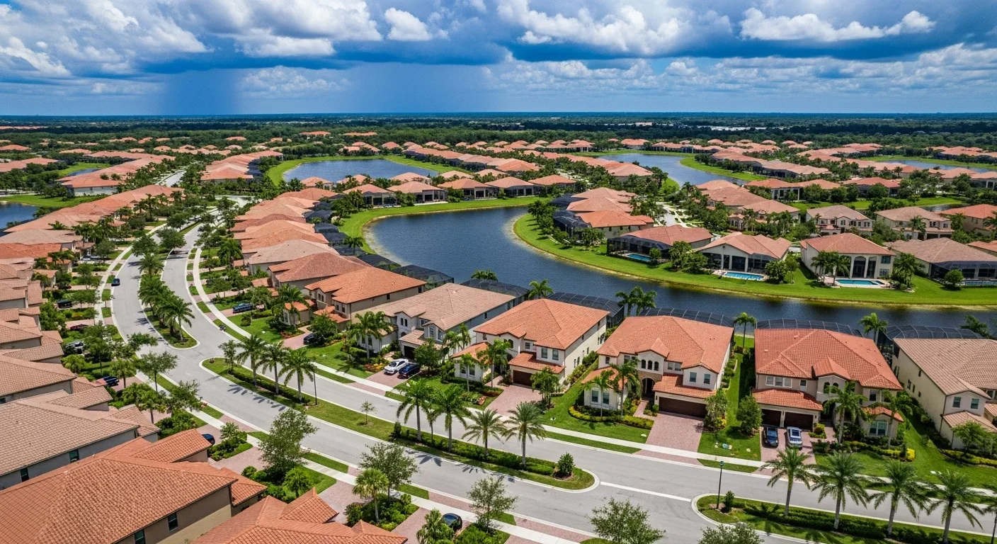 Aerial view of Weston FL showing master-planned community with lake and canal network, CBS tile-roof homes, and western Broward County landscape