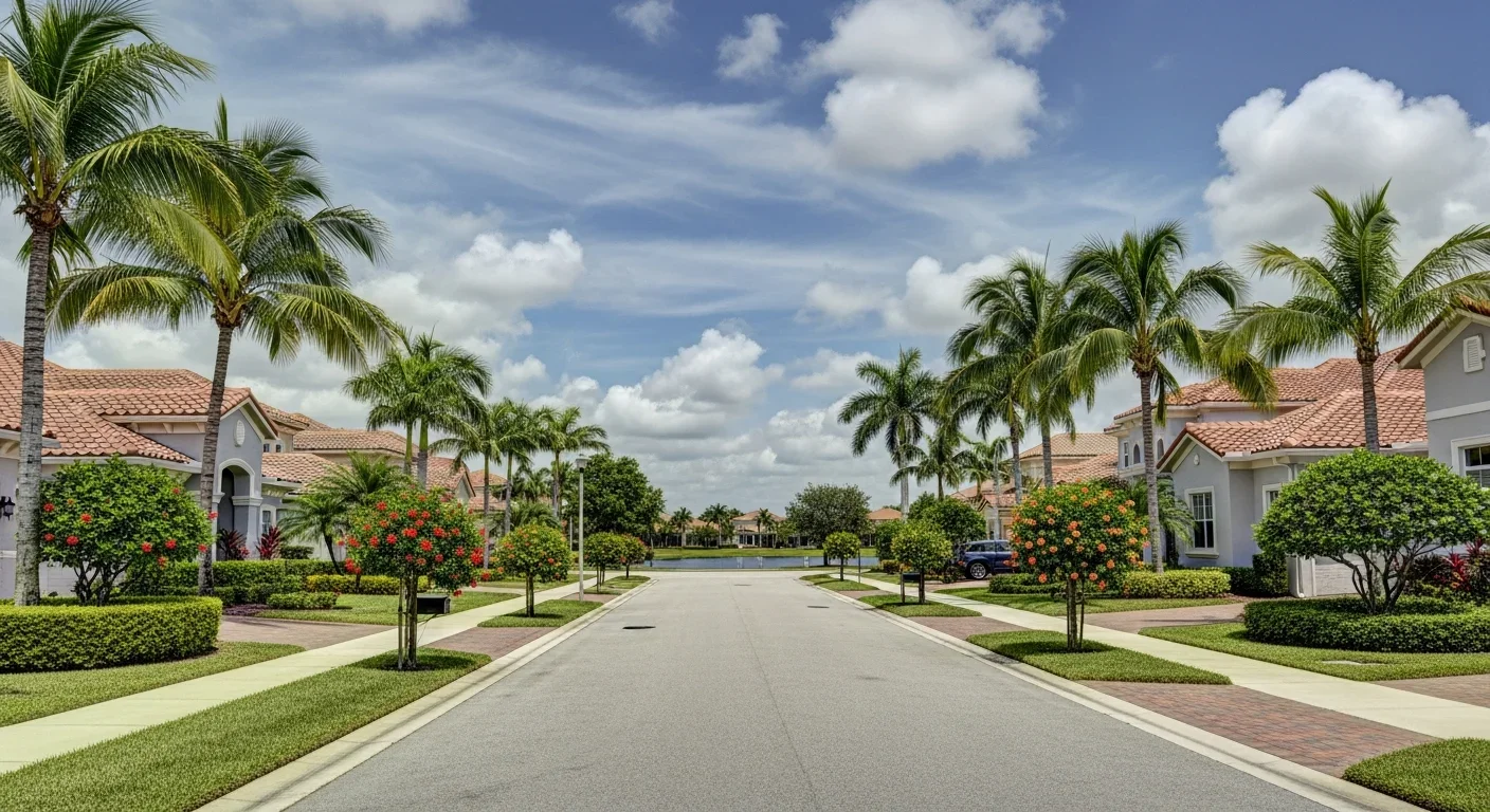 Upscale residential street in Weston Florida showing Mediterranean-style stucco homes with tile roofs, palm trees, and HOA-maintained landscaping