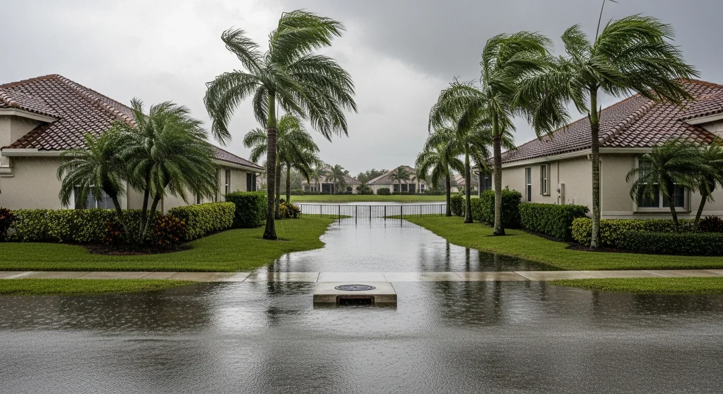 Post-storm street flooding in Weston FL showing stormwater and canal overflow covering residential streets in a master-planned community after heavy rainfall