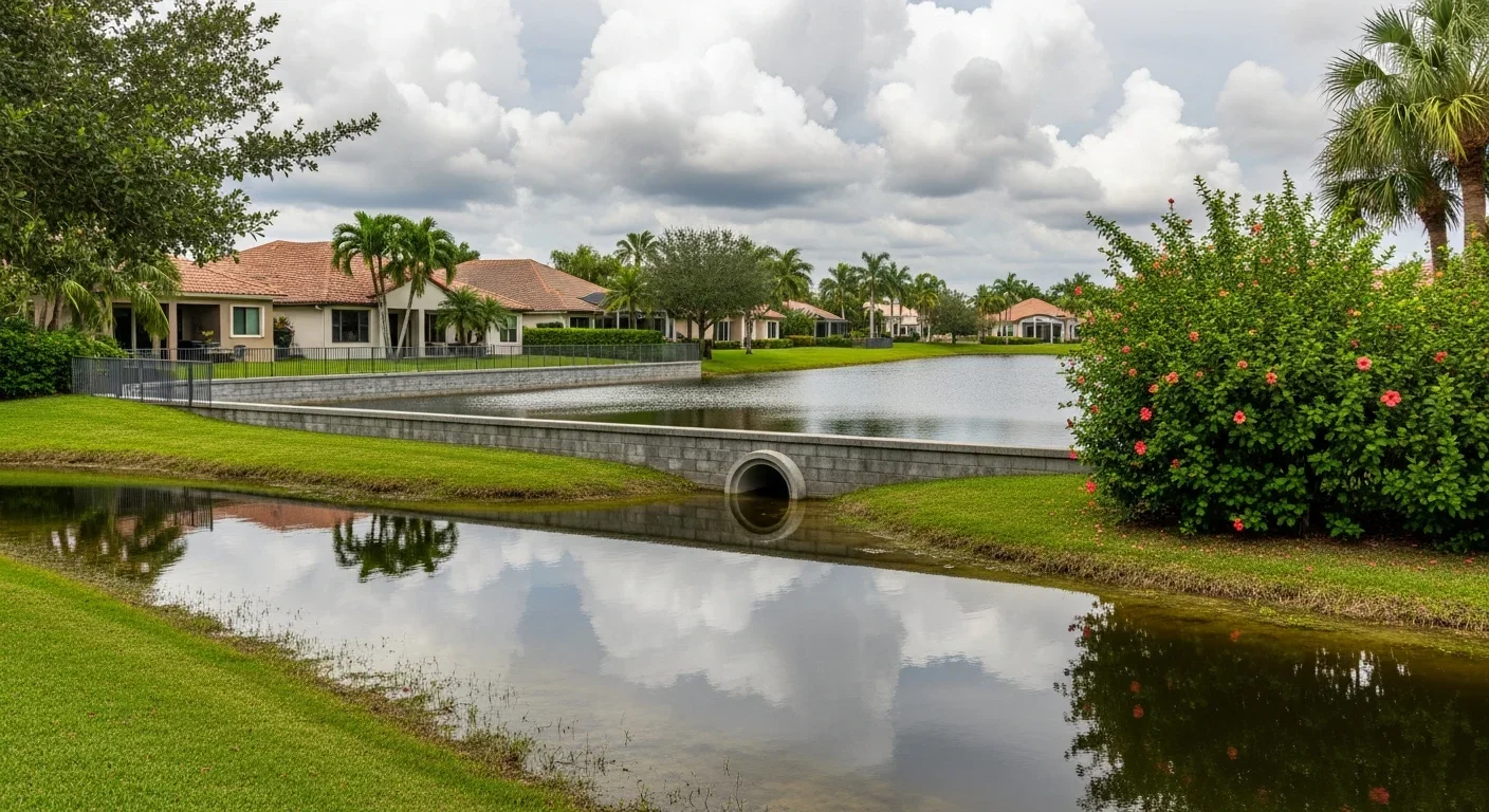 Weston FL stormwater retention lake with canal-adjacent homes showing the extensive lake and canal network that manages stormwater for this master-planned community in western Broward County