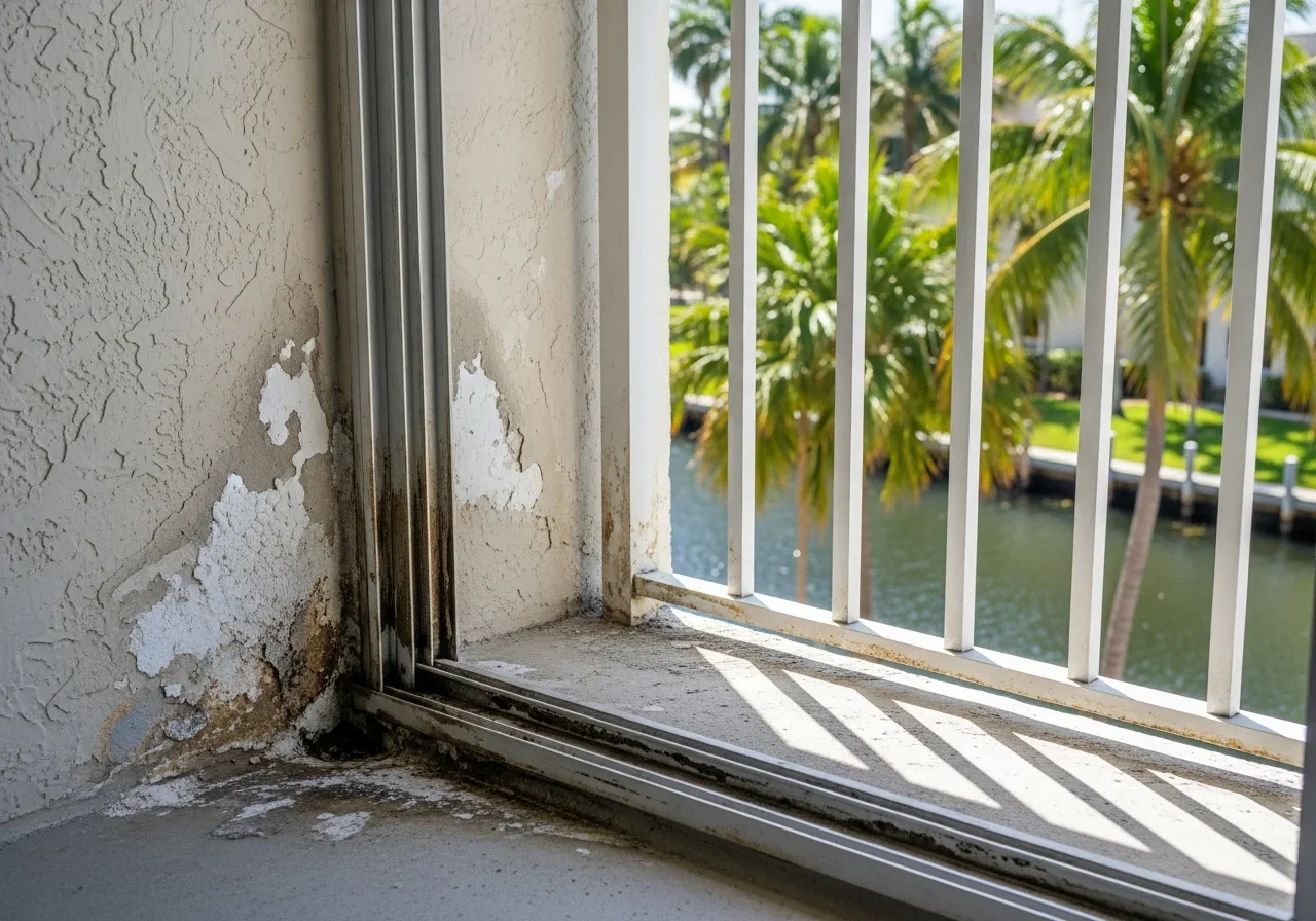 South Florida condo balcony showing water intrusion damage and efflorescence on CBS concrete wall — Wilton Manors