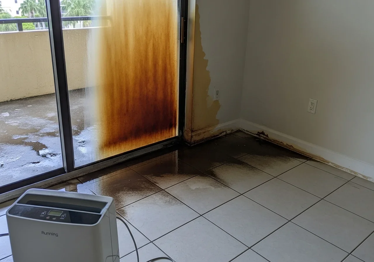 Before: Water-damaged Wilton Manors condo unit with wet flooring, water staining on walls, and dehumidifier running