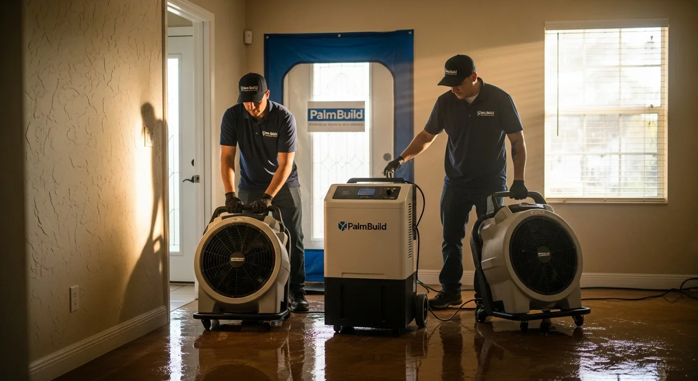 Palm Build technicians setting up professional drying equipment inside a Wilton Manors Florida home