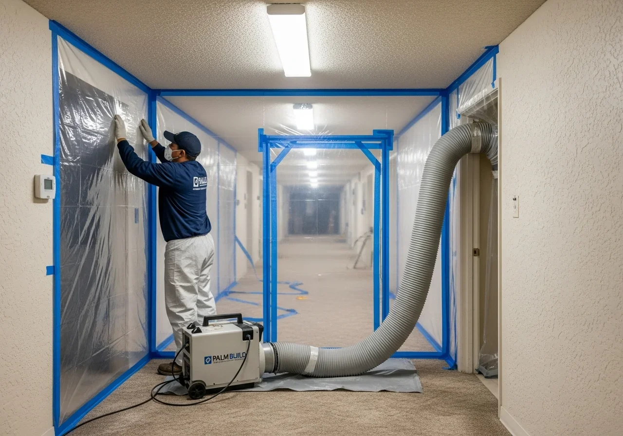 Palm Build technician setting up mold remediation containment and negative air pressure in a Wilton Manors Florida condo hallway