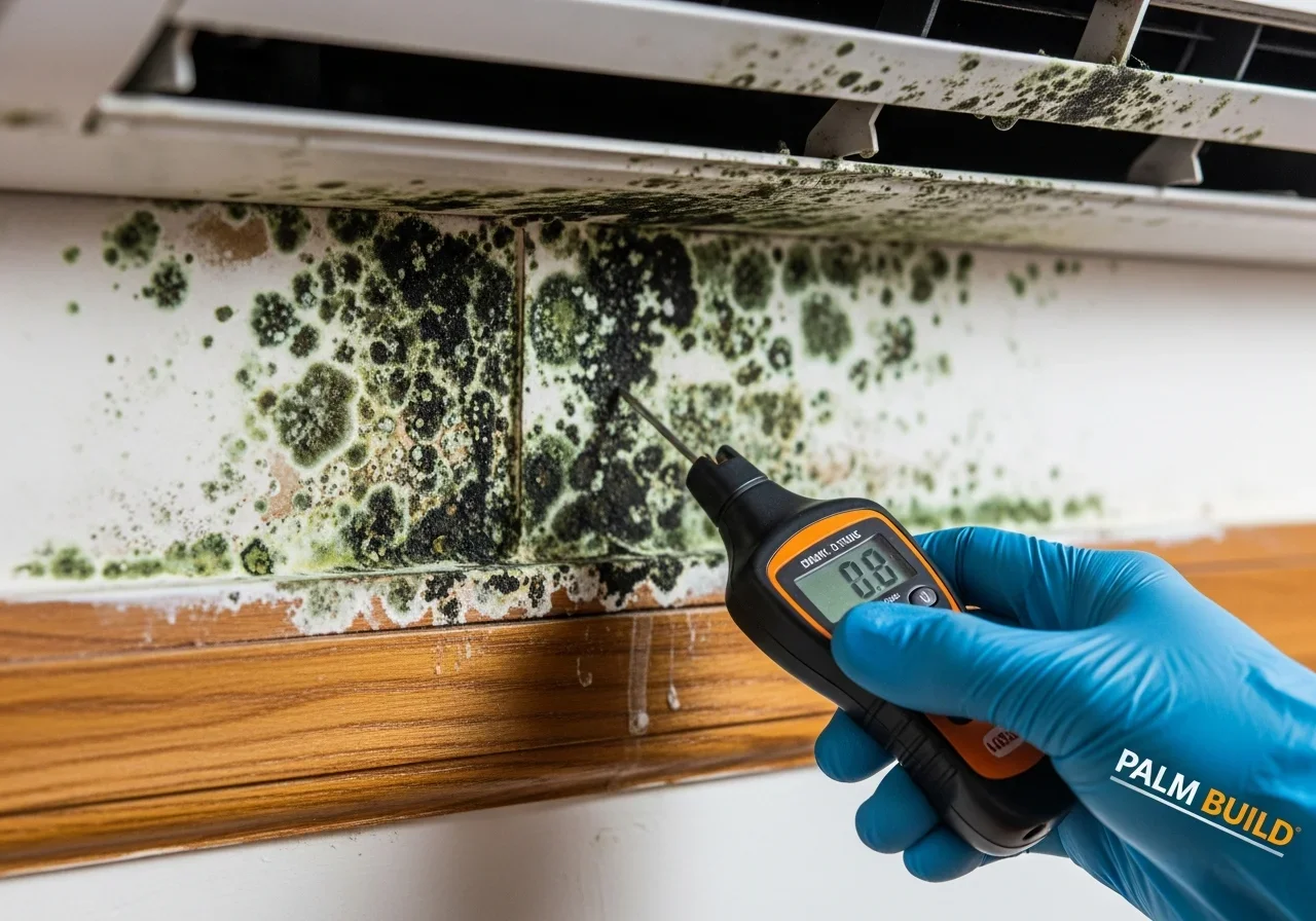 Mold growth on drywall near HVAC unit in Wilton Manors Florida condo — typical HVAC condensate overflow scenario