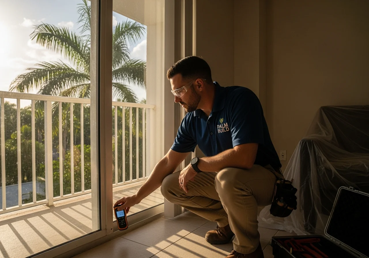 Palm Build licensed mold remediation technician using moisture meter inside a Wilton Manors Florida condominium with tropical balcony view