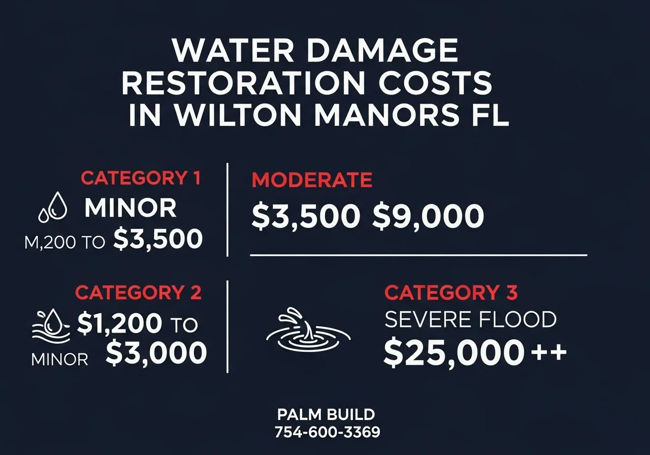 Water damage restoration cost comparison infographic for Wilton Manors FL showing Category 1, 2, and 3 price ranges