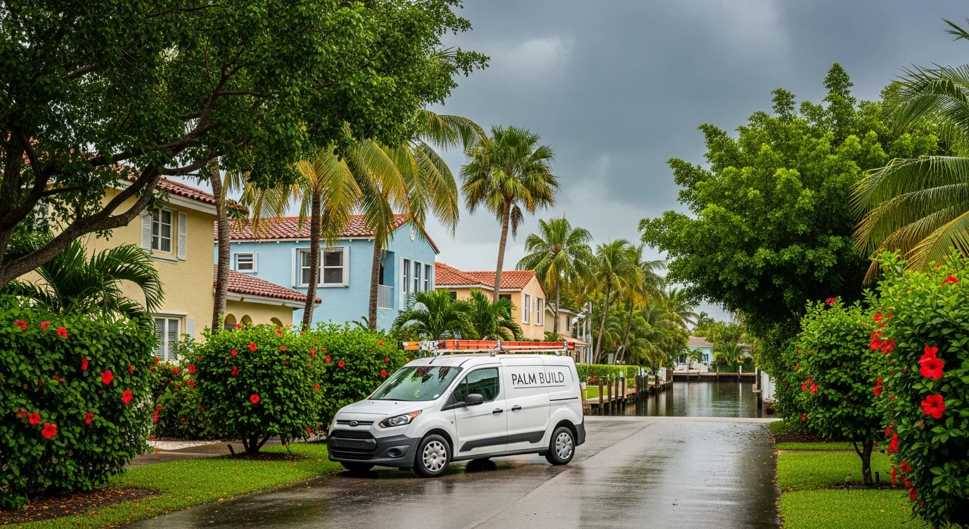 Palm Build restoration van parked on a Wilton Manors Florida residential street with tropical landscaping and canal waterway visible, South Florida overcast sky