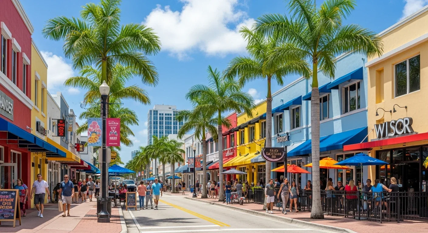 Wilton Drive corridor in Wilton Manors Florida — the iconic walkable commercial street with tropical landscaping and restaurants