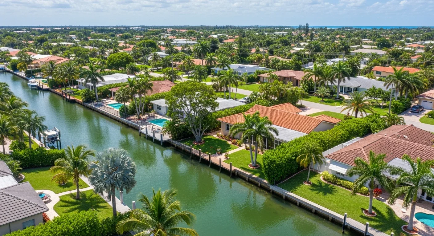 Wilton Manors Florida residential neighborhood near Middle River canal with stucco homes and tropical landscaping