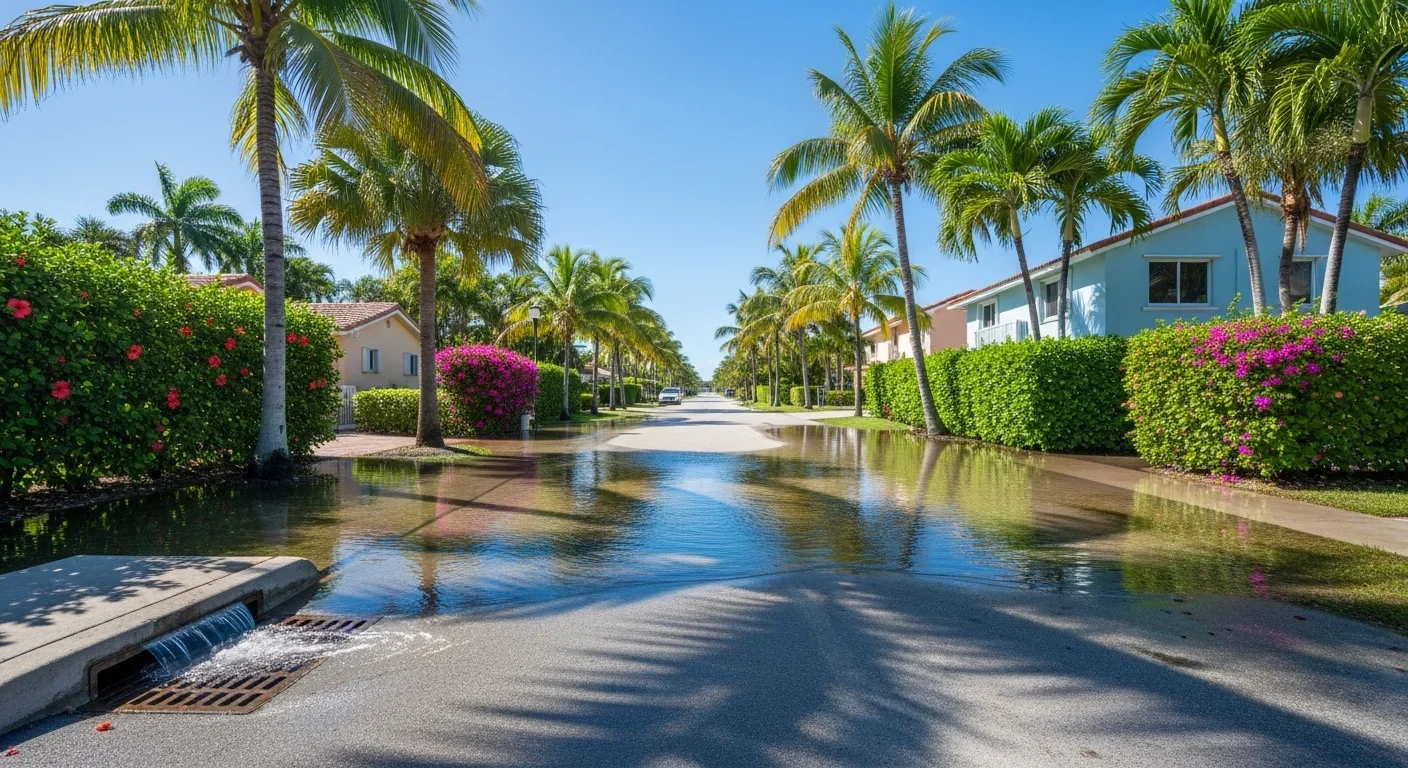 Blue-sky tidal flooding on a Wilton Manors Florida residential street during King Tide with water on pavement and no rain