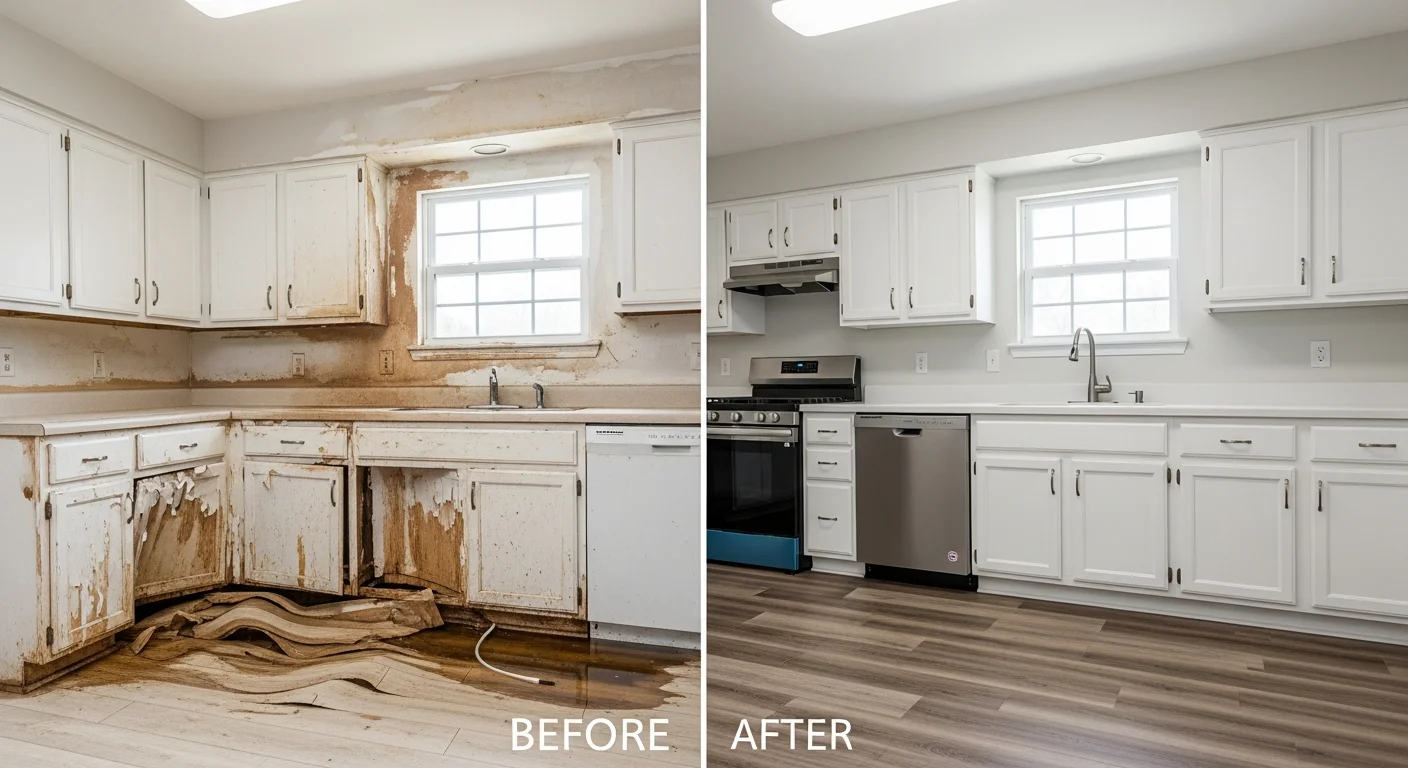 Before and after kitchen reconstruction at a York SC property showing complete transformation from damage to finished space