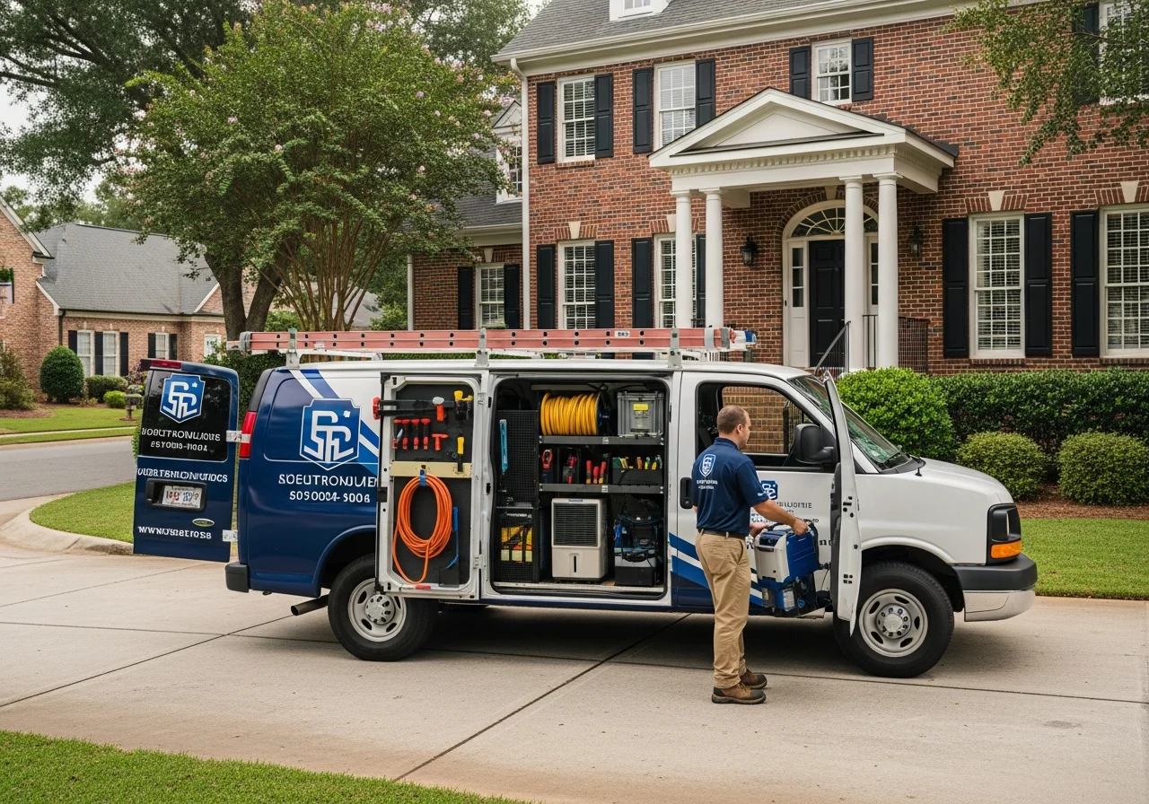 Palm Build restoration van parked in a York SC residential driveway during a crawl space inspection