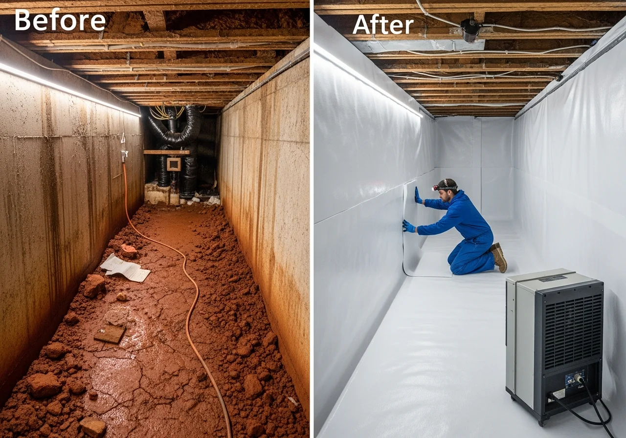 Completed crawl space encapsulation with heavy-duty vapor barrier installed in a York SC home