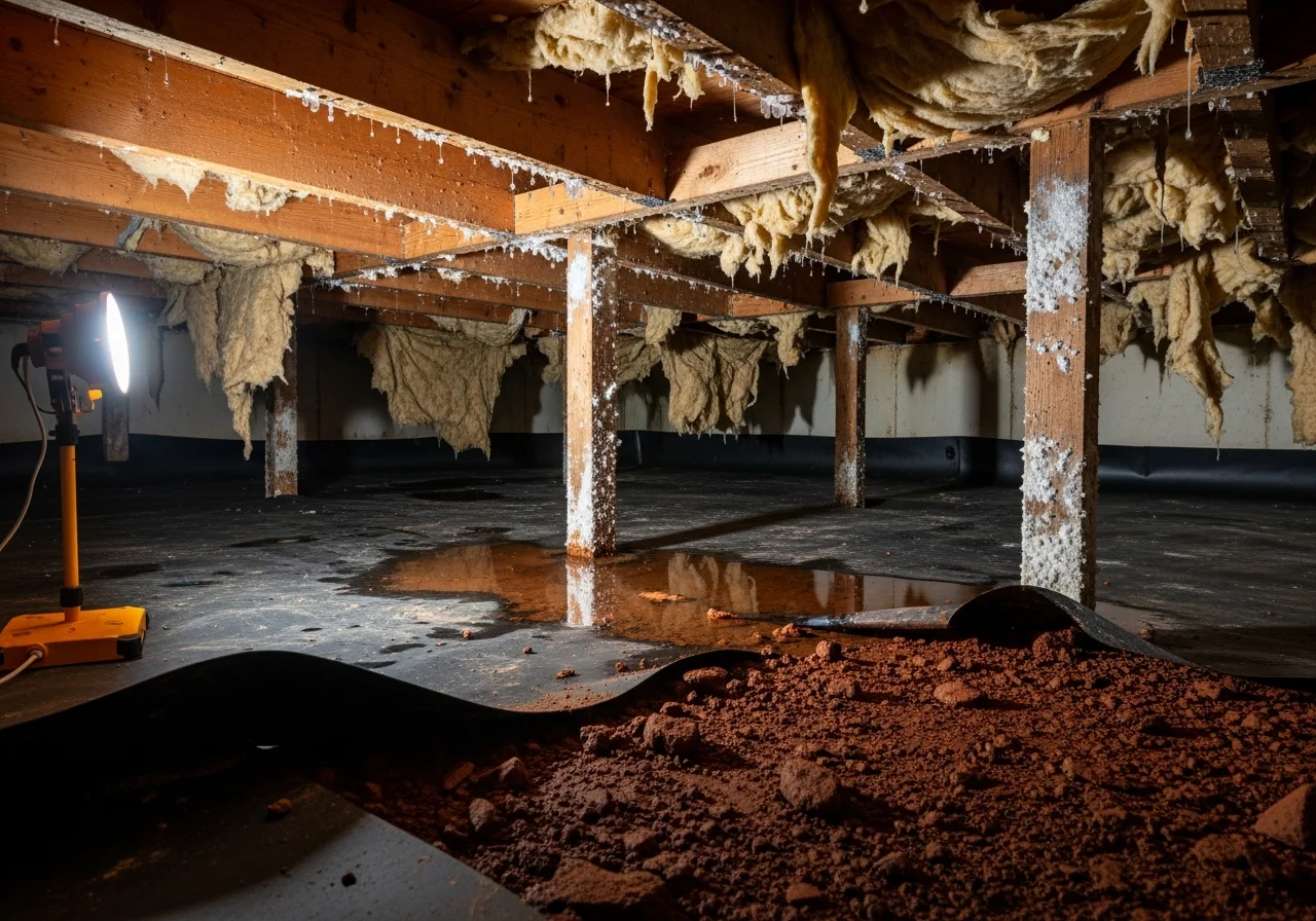 Moisture damage and condensation visible inside a vented crawl space beneath a York, South Carolina home showing Piedmont red clay soil moisture intrusion and humidity effects on structural framing members