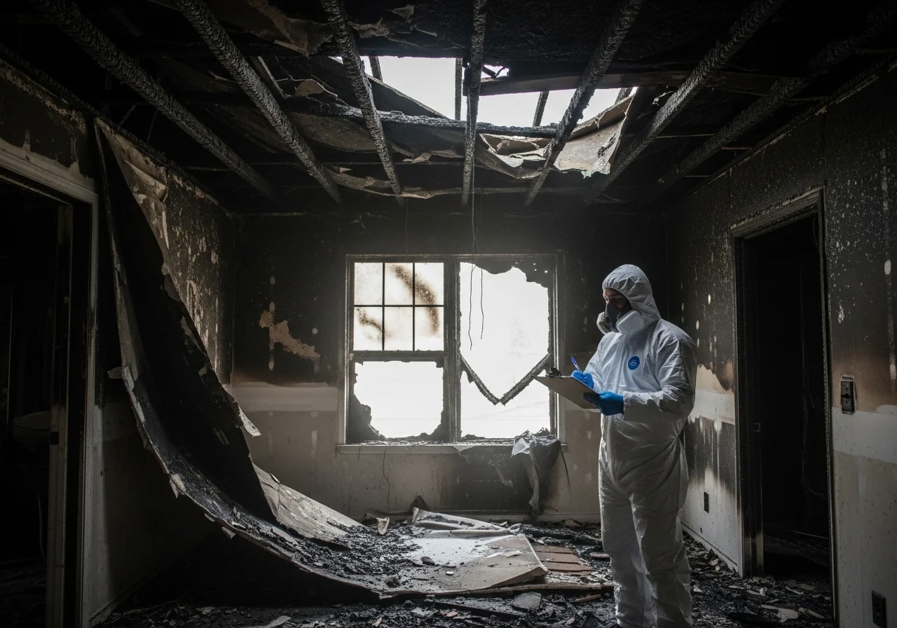 Palm Build fire damage restoration technician assessing smoke and soot damage inside a York SC home with thermal imaging equipment and PPE