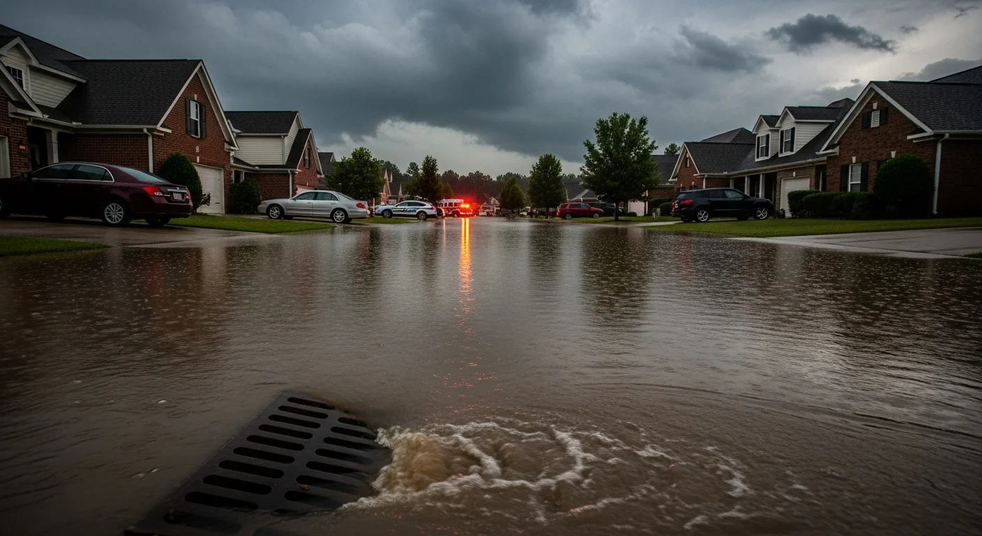 Flash flooding on a residential street in York SC during heavy rainfall with water approaching homes