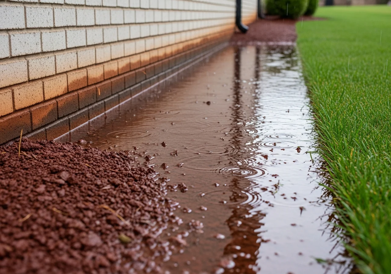 Water pooling against a York SC home foundation on Piedmont clay soil after rainfall
