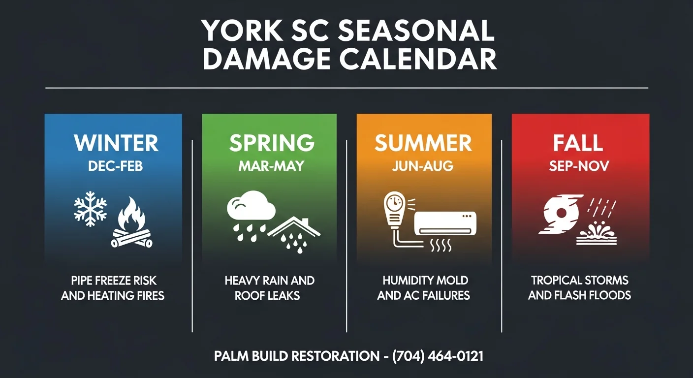 York SC seasonal damage calendar showing water damage, mold, storm, and fire risks by season