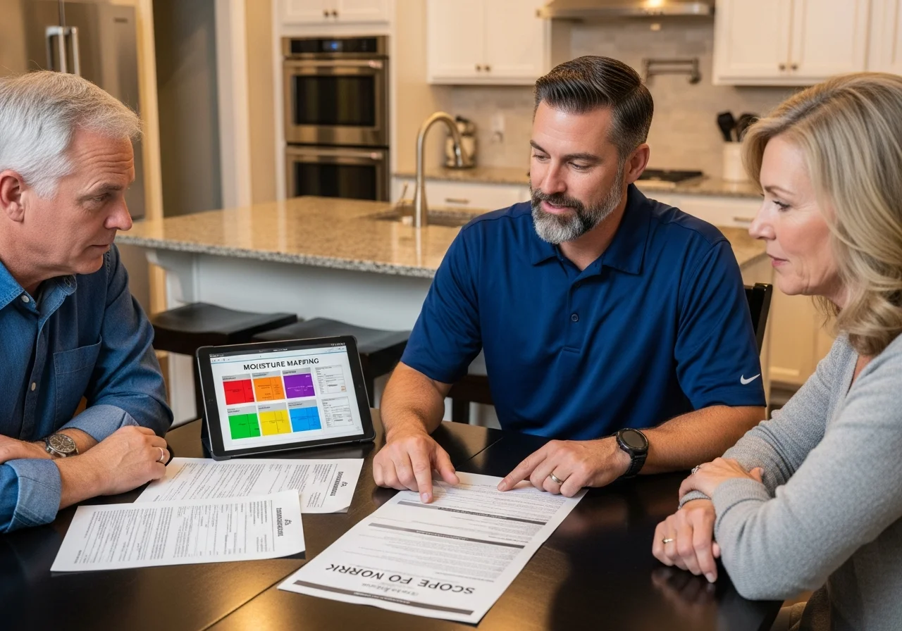 Palm Build project manager reviewing insurance claim documentation with a York SC homeowner at their kitchen table
