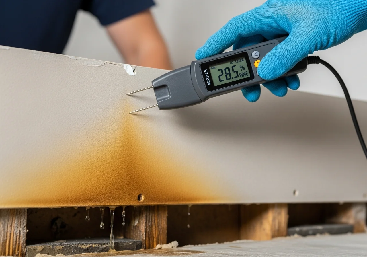 Calibrated moisture meter reading being taken during York SC property inspection for insurance claim support