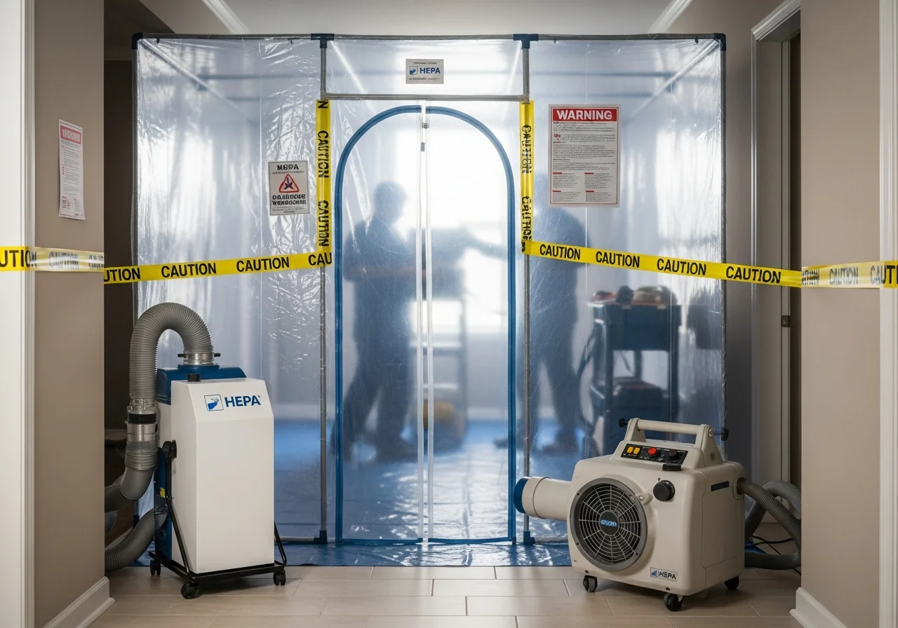 Professional mold remediation containment barrier with HEPA air scrubber setup in York SC home