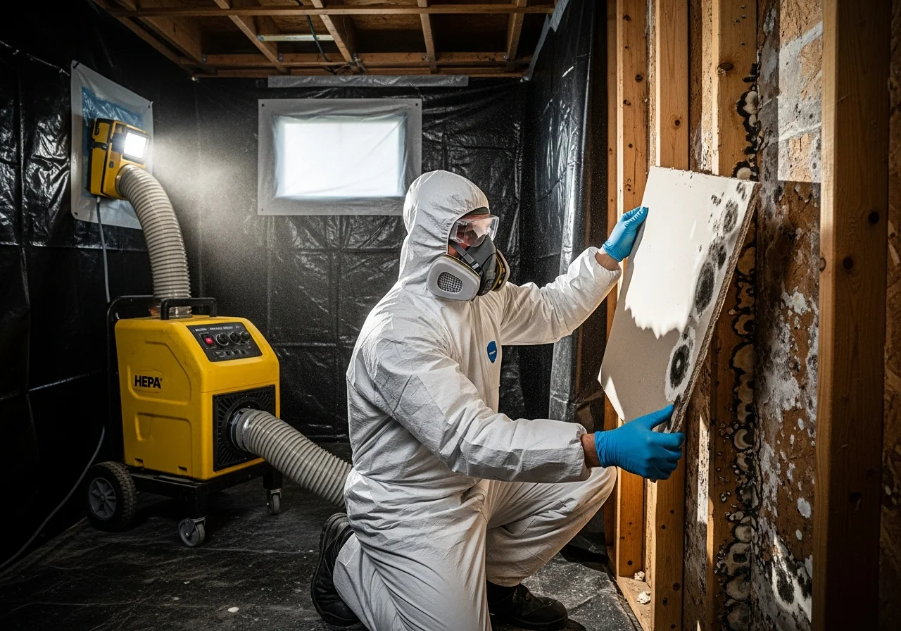 Palm Build IICRC-certified mold remediation technician in full PPE performing mold inspection in a York SC home