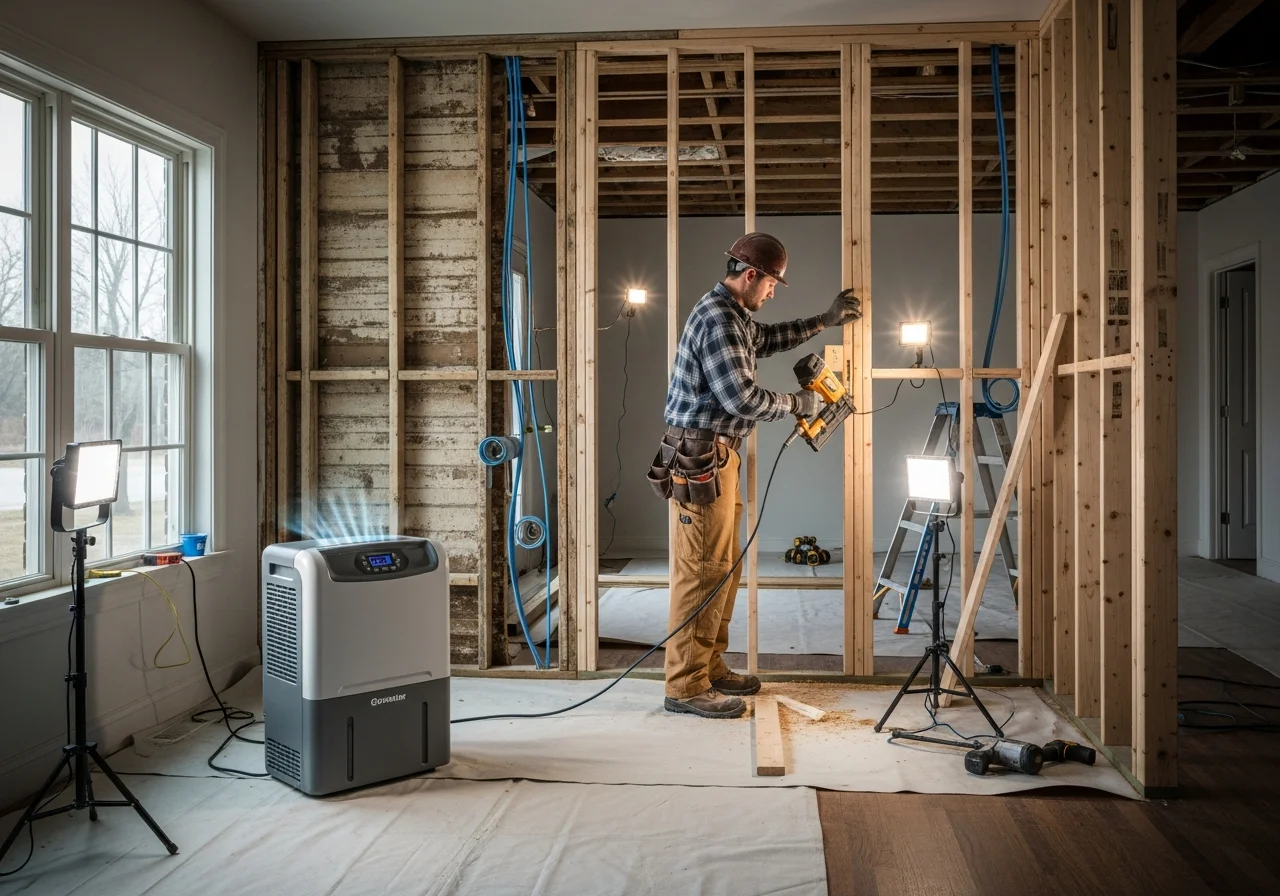 Palm Build reconstruction crew performing structural framing work inside a damaged York SC home with exposed wall studs and new lumber visible